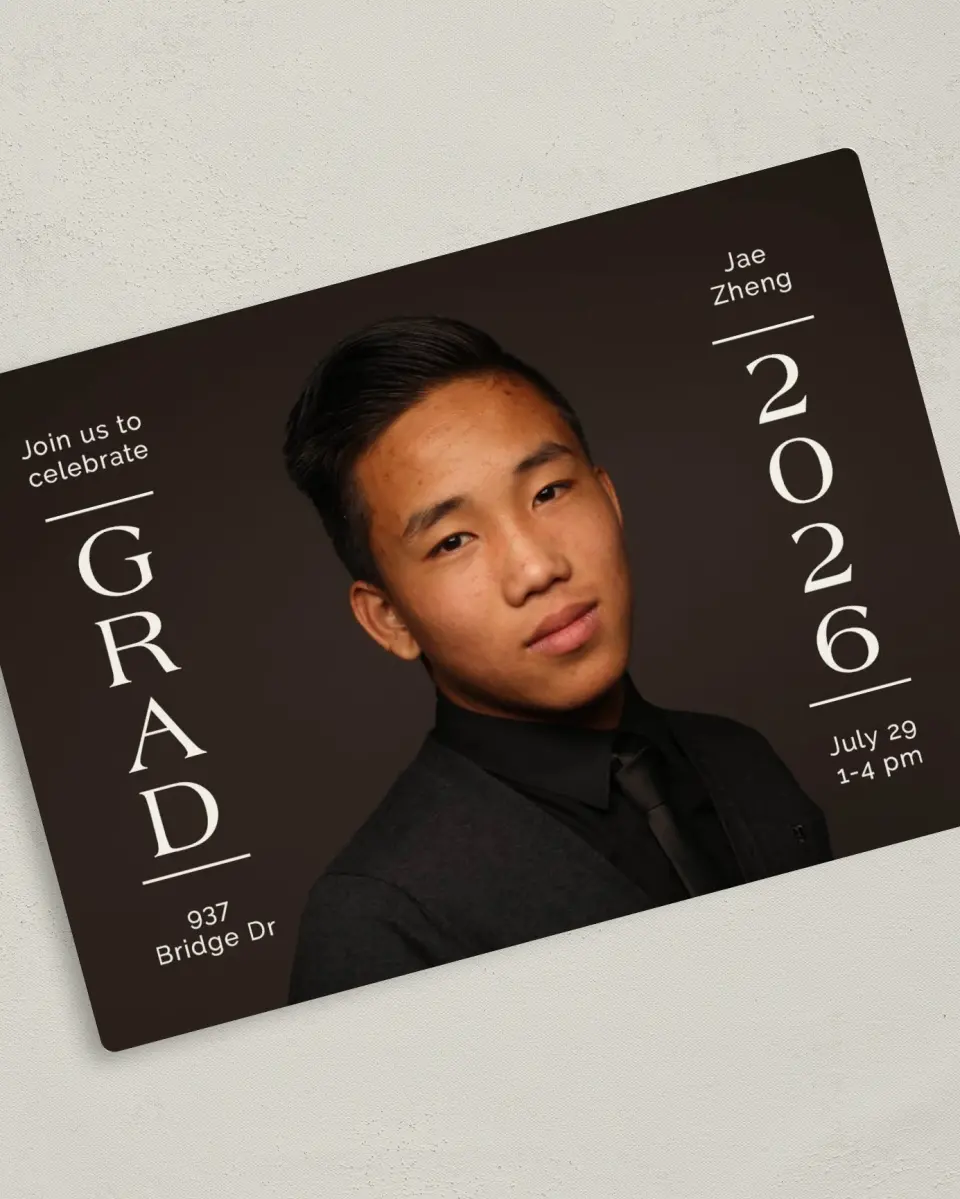 This is a 5" x 7" Graduation Announcement Magnet called Grand Milestone printed in full color with Rose Gold foil and a Luxe Satin finish