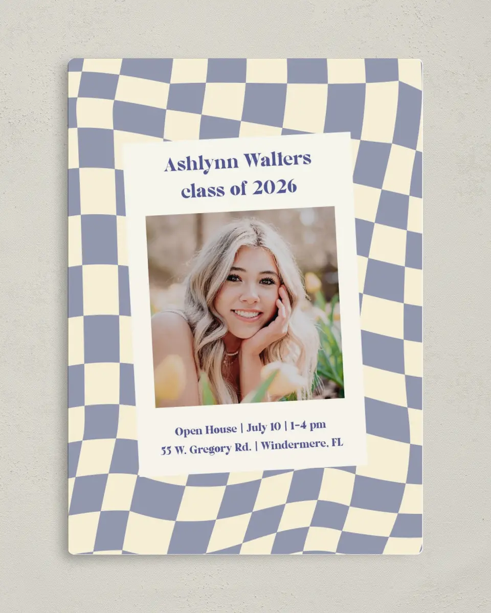 This is a 5" x 7" Graduation Announcement Magnet called Checkered Credit printed in full color with a Luxe Satin finish