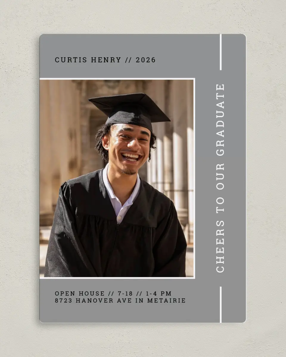 This is a 5" x 7" Graduation Announcement Magnet called Serious Scholar printed in full color with a Luxe Satin finish