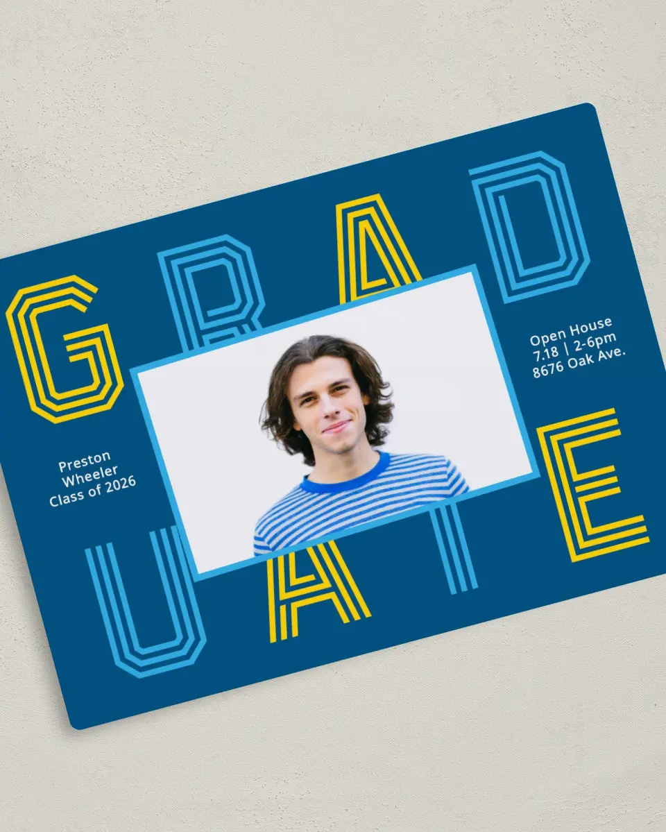 This is a 5" x 7" Graduation Announcement Magnet called Lively Lines printed in full color with a Luxe Satin finish