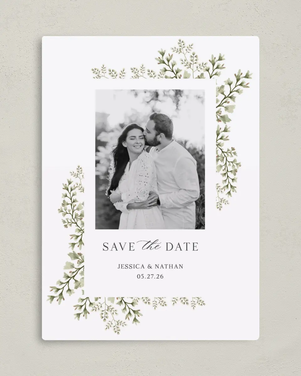 This is a 5" x 7" Save the Date Magnet called Leaves of Love printed in full color with a Luxe Satin finish