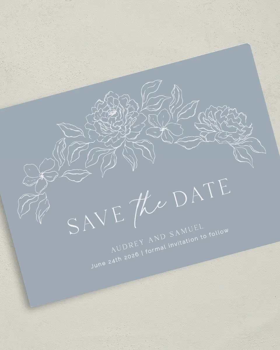 This is a 5" x 7" Save the Date Magnet called Graceful Petals printed in full color with a Luxe Satin finish
