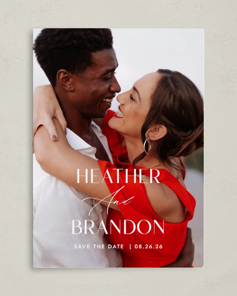 This is a 5" x 7" Save the Date Magnet called Neat Names printed in full color with a Luxe Satin finish