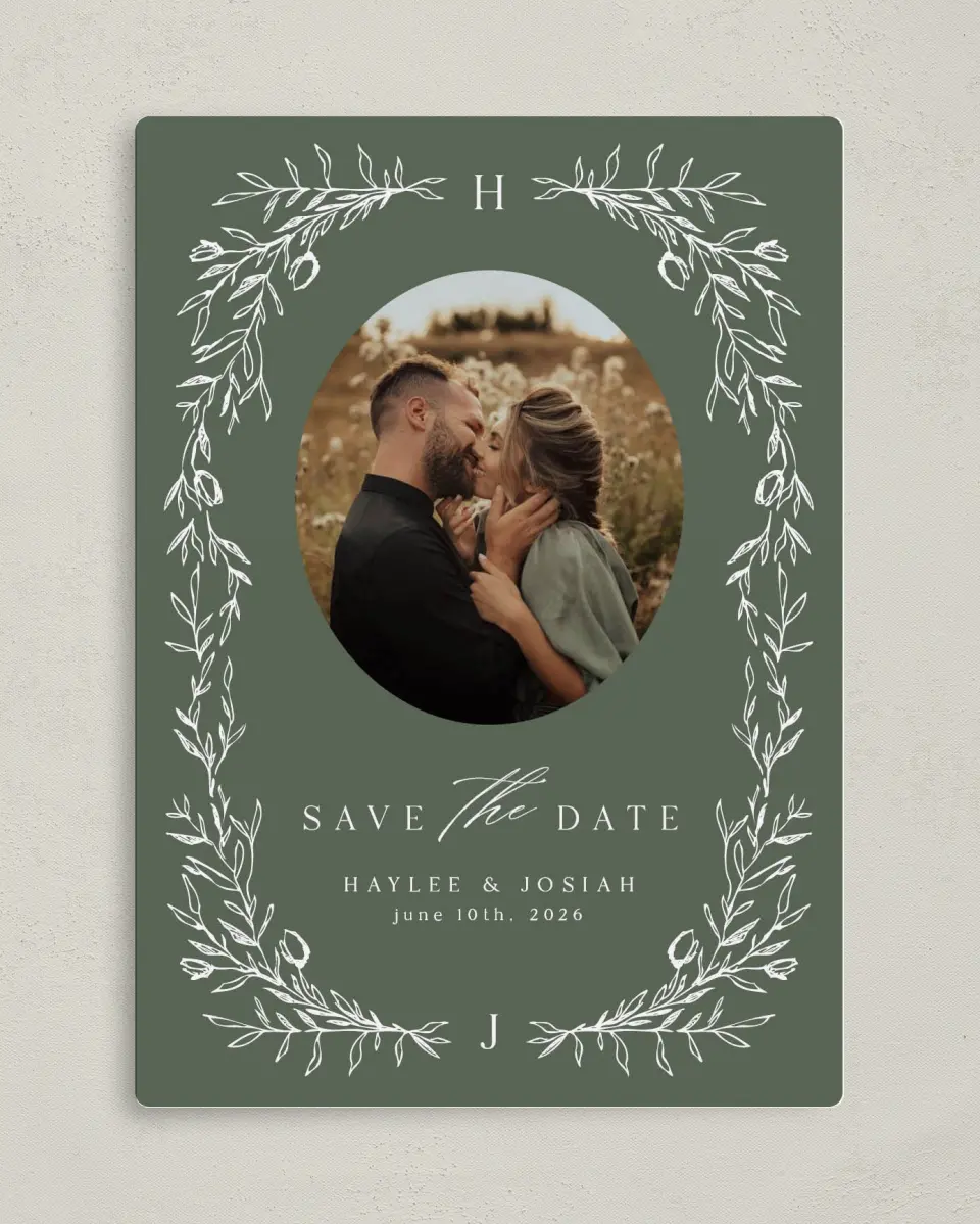 This is a 5" x 7" Save the Date Magnet called Flourishing Frame printed in full color with Gold foil and a Luxe Satin finish