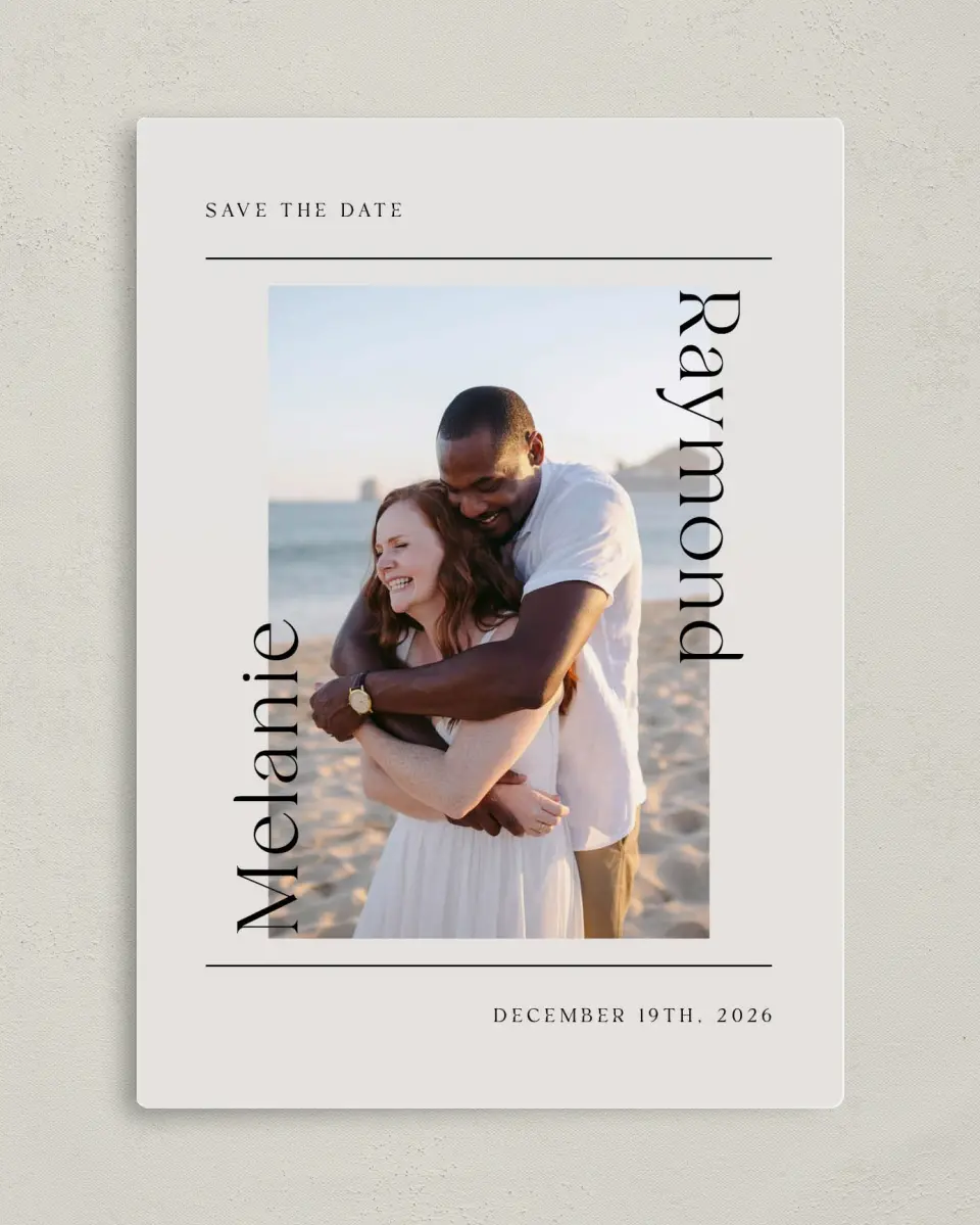 This is a 5" x 7" Save the Date Magnet called Styled Lines printed in full color with a Luxe Satin finish