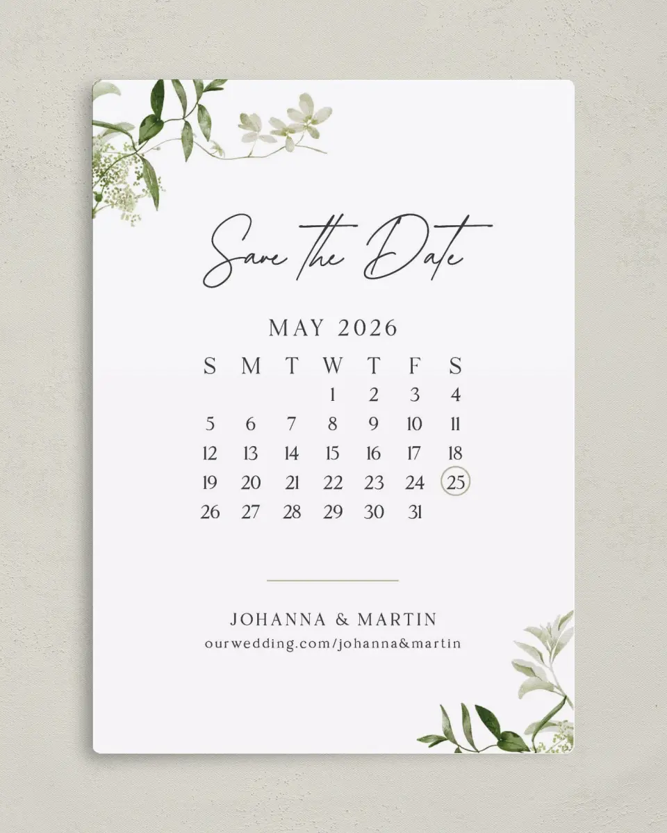 This is a 5" x 7" Save the Date Magnet called Botanical Date printed in full color with a Luxe Satin finish