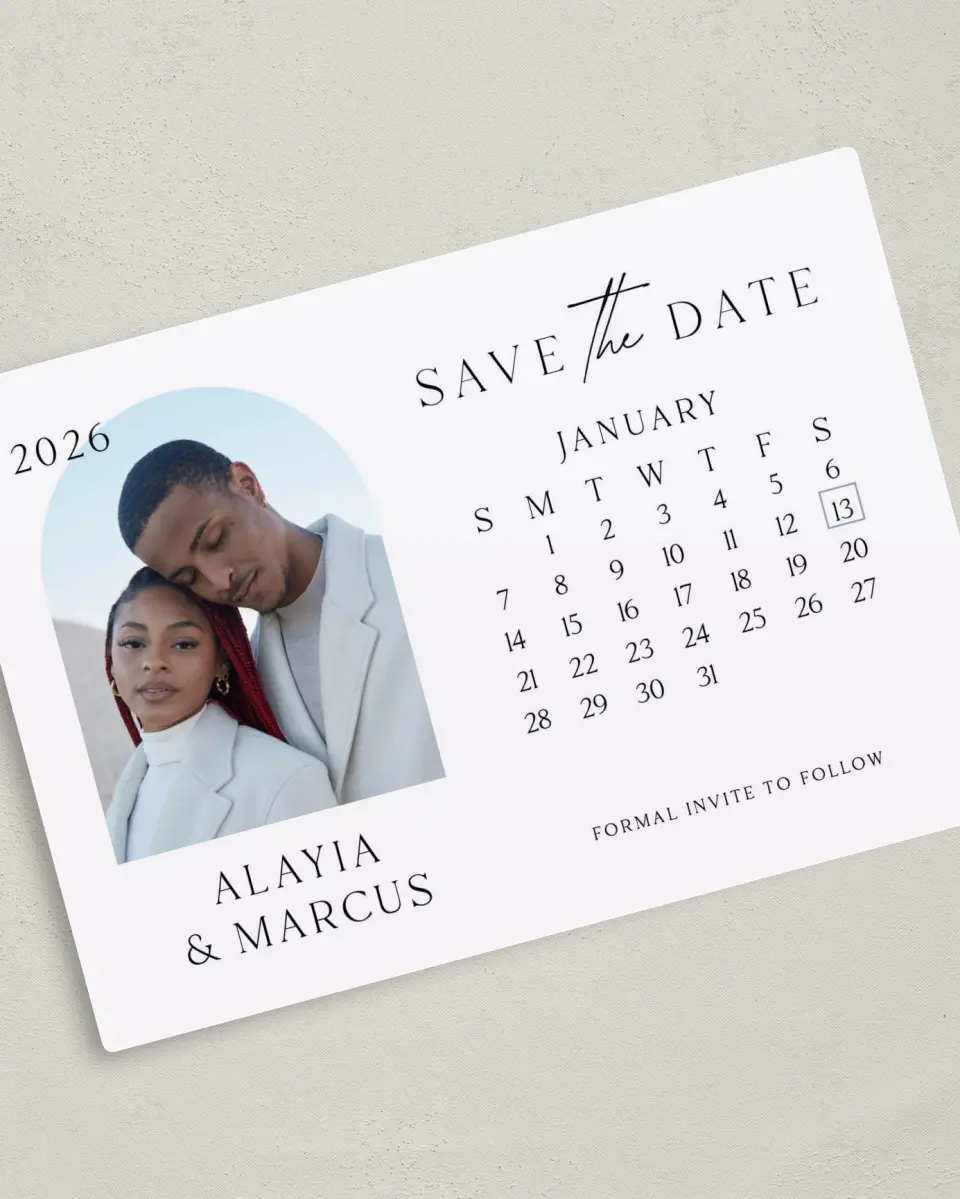 This is a 5" x 7" Save the Date Magnet called Clear Calendar printed in full color with a Luxe Satin finish