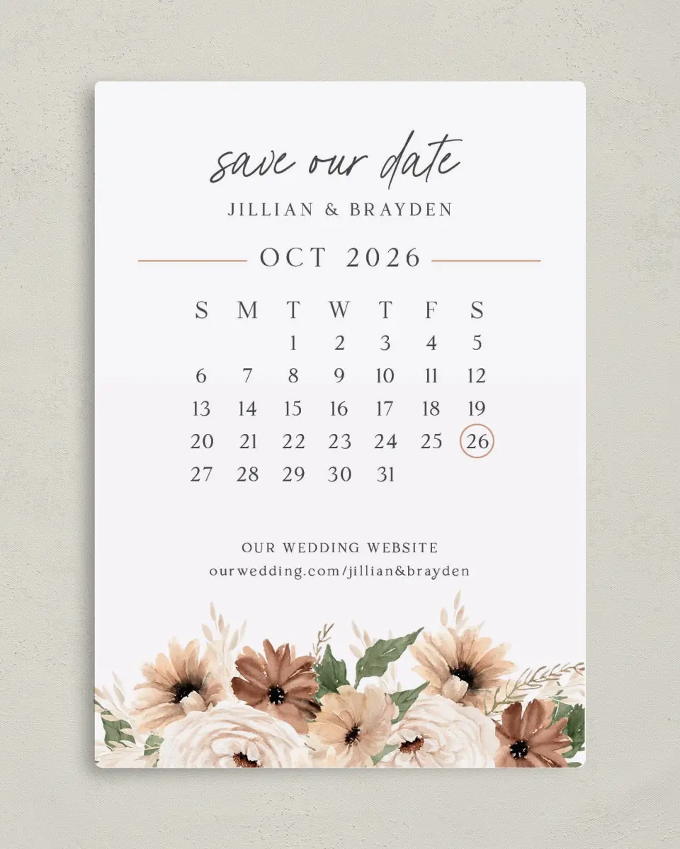 This is a 5" x 7" Save the Date Magnet called Crisp Date printed in full color with a Luxe Satin finish