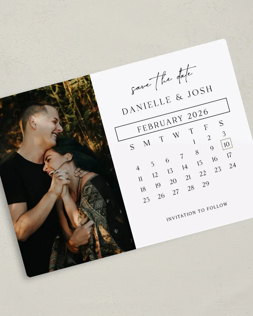 This is a 5" x 7" Save the Date Magnet called Date Capture printed in full color with Rose Gold foil and a Luxe Satin finish