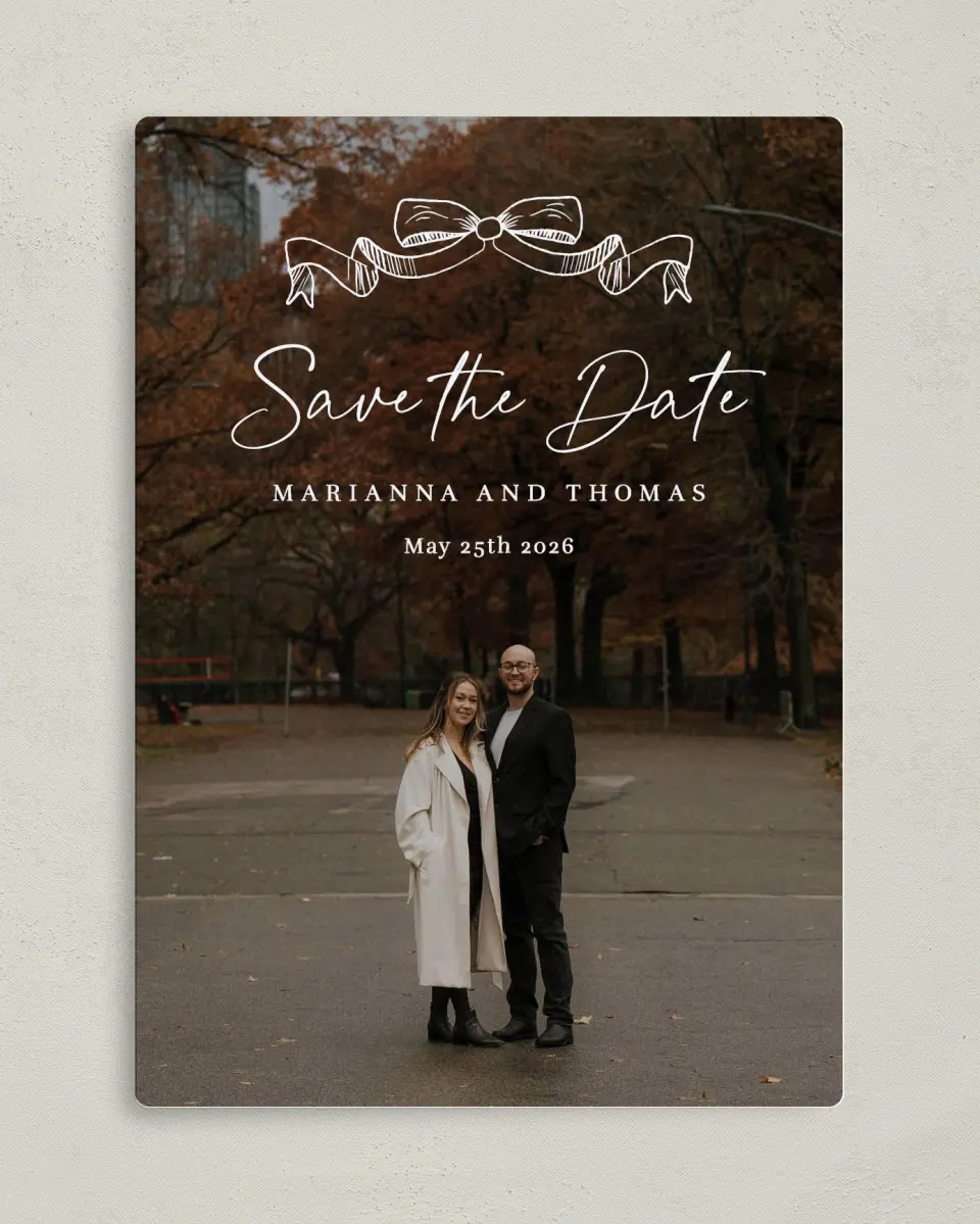 This is a 5" x 7" Save the Date Magnet called Ribbon Romance printed in full color with a Luxe Satin finish