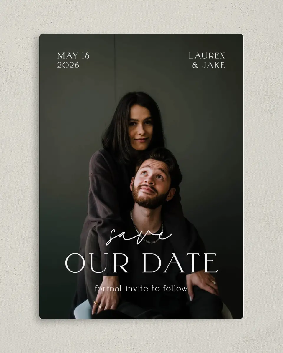 This is a 5" x 7" Save the Date Magnet called Sincere Sweetness printed in full color with Silver foil and a Luxe Satin finish