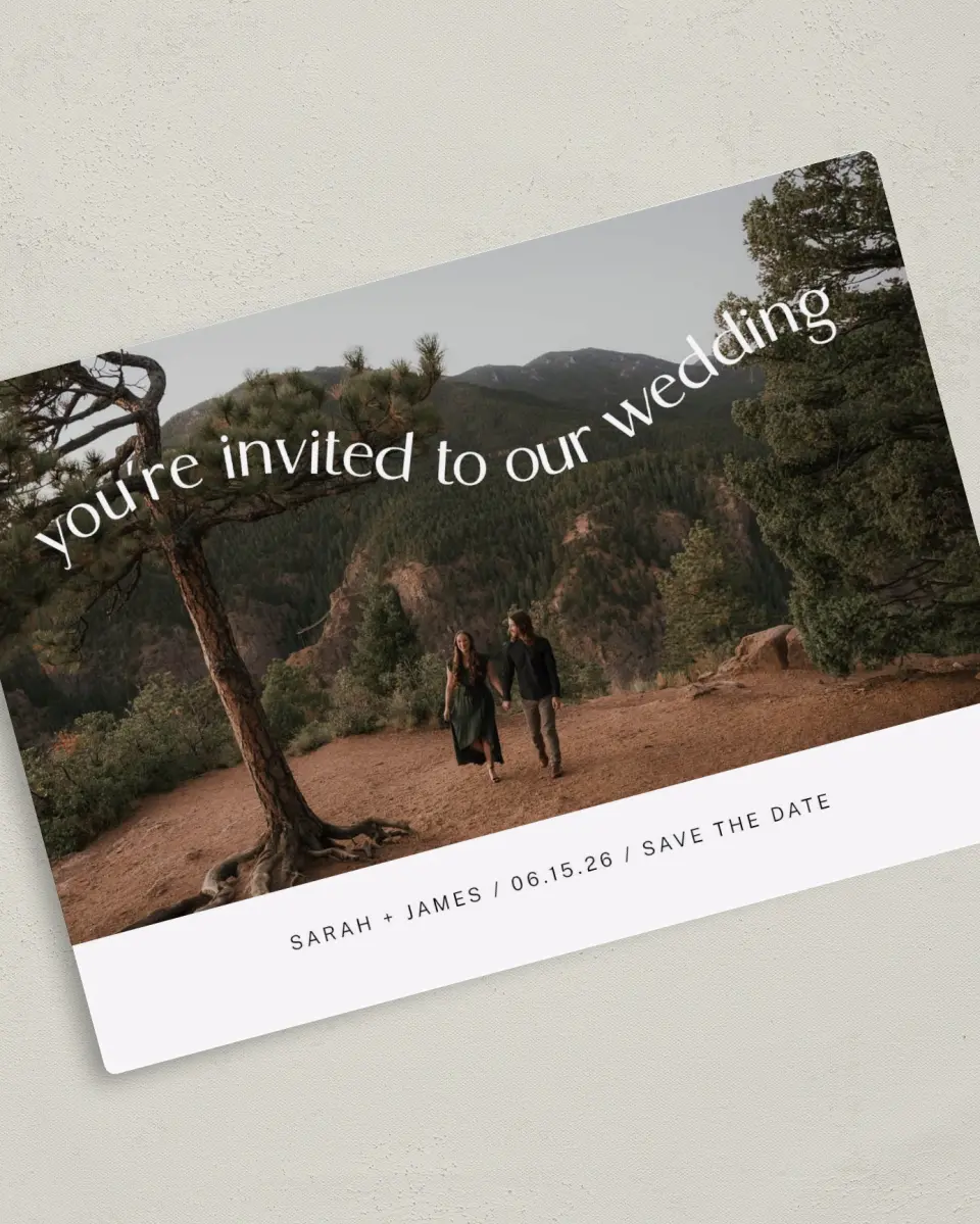 This is a 5" x 7" Save the Date Magnet called Winding Wed printed in full color with a Luxe Satin finish