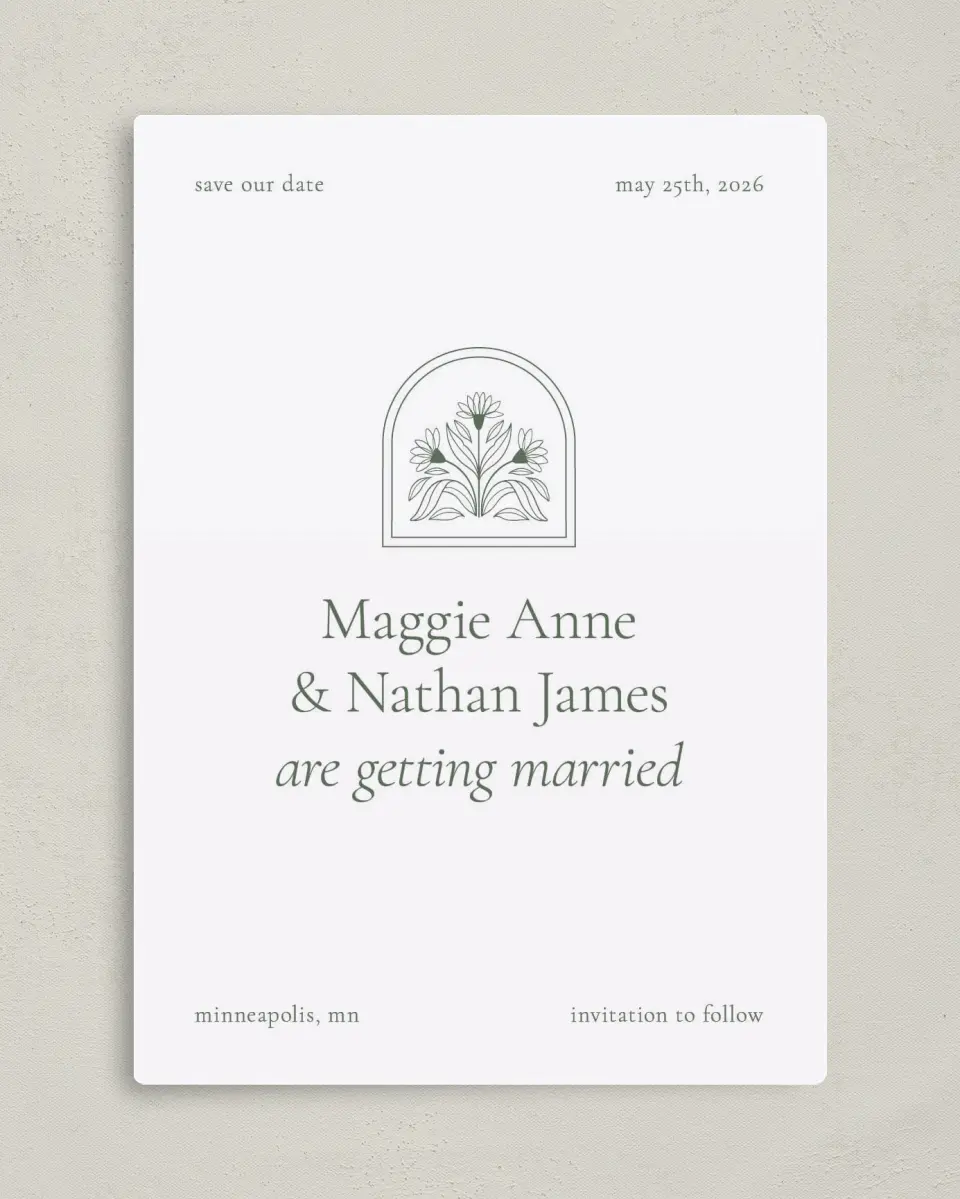 This is a 5" x 7" Save the Date Magnet called Blossoming Love printed in full color with a Luxe Satin finish