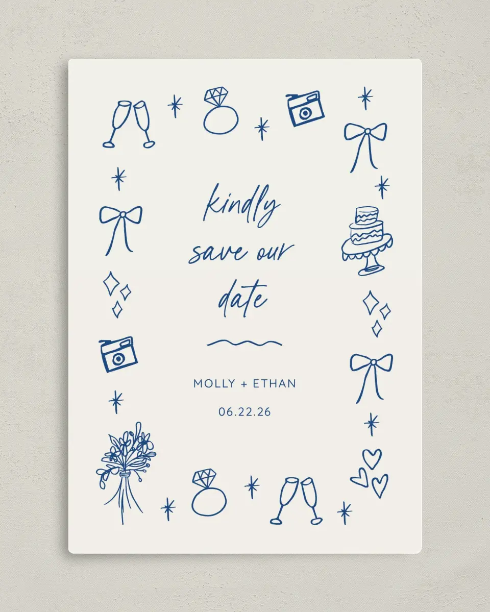 This is a 5" x 7" Save the Date Magnet called Drawn to You printed in full color with a Luxe Satin finish
