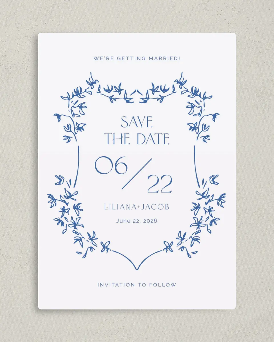 This is a 5" x 7" Save the Date Magnet called Vintage Vines printed in full color with a Luxe Satin finish
