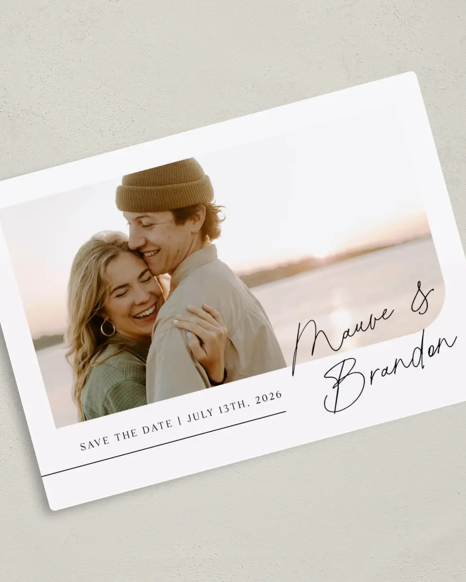 This is a 5" x 7" Save the Date Magnet called Sealed with Love printed in full color with a Luxe Satin finish