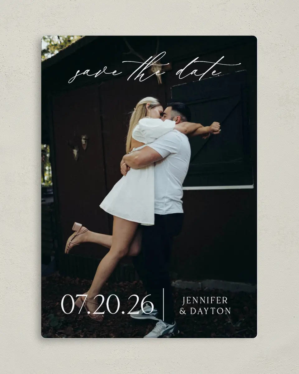 This is a 5" x 7" Save the Date Magnet called Dainty Love printed in full color with a Luxe Satin finish