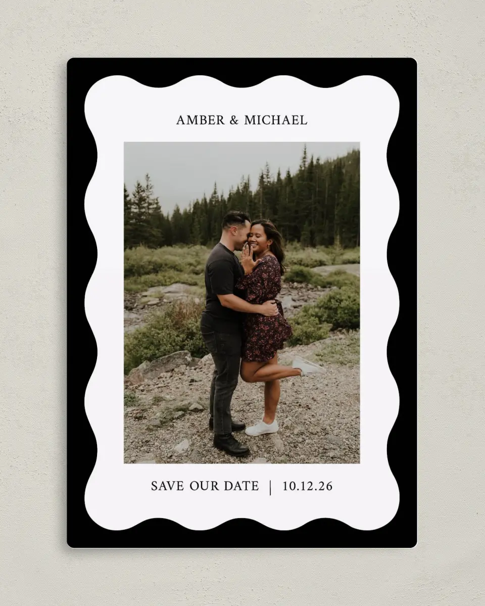 This is a 5" x 7" Save the Date Magnet called The Amber printed in full color with a Luxe Satin finish