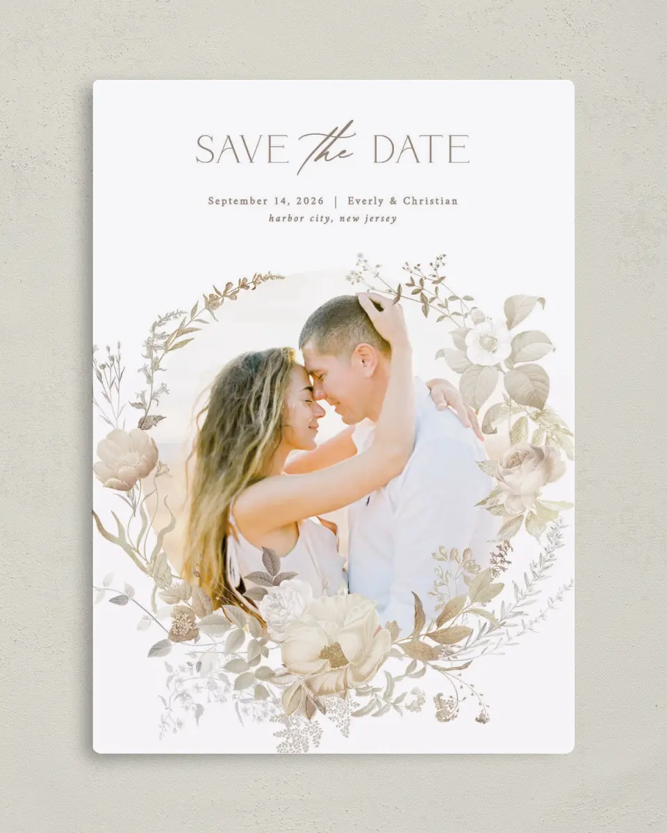 This is a 5" x 7" Save the Date Magnet called The Everly printed in full color with Silver foil and a Luxe Satin finish