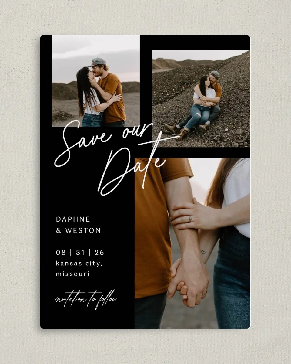 This is a 5" x 7" Save the Date Magnet called Scripted Love printed in full color with a Luxe Satin finish