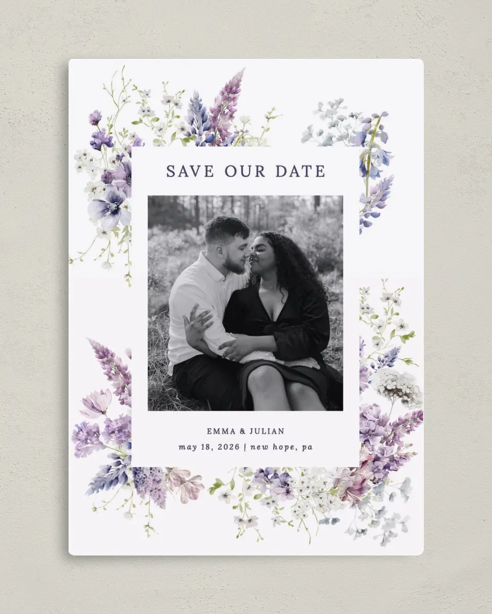 This is a 5" x 7" Save the Date Magnet called Euphoric Frame printed in full color with Rose Gold foil and a Luxe Satin finish