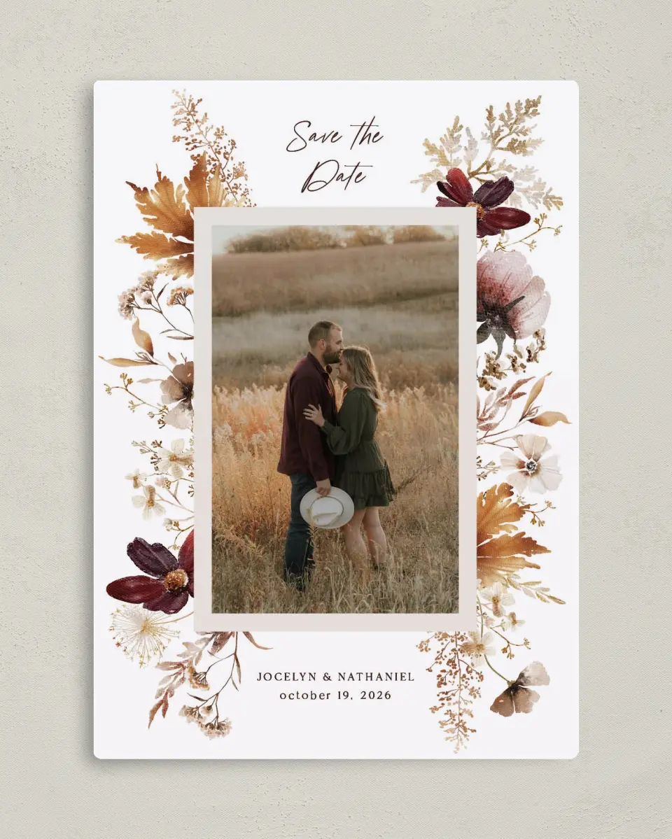 This is a 5" x 7" Save the Date Magnet called Autumn Wildflowers printed in full color with a Luxe Satin finish