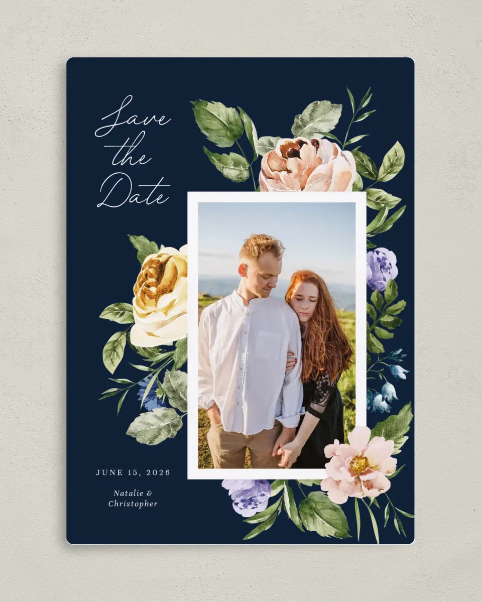This is a 5" x 7" Save the Date Magnet called The Natalie printed in full color with Silver foil and a Luxe Satin finish