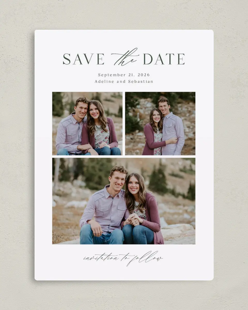 This is a 5" x 7" Save the Date Magnet called True Tradition printed in full color with a Luxe Satin finish