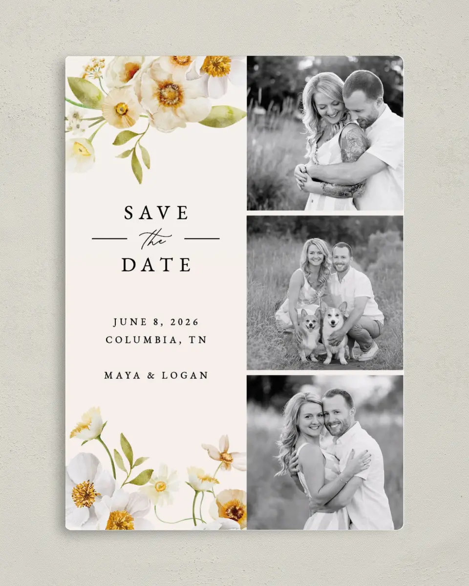 This is a 5" x 7" Save the Date Magnet called Charming Cosmos printed in full color with a Luxe Satin finish