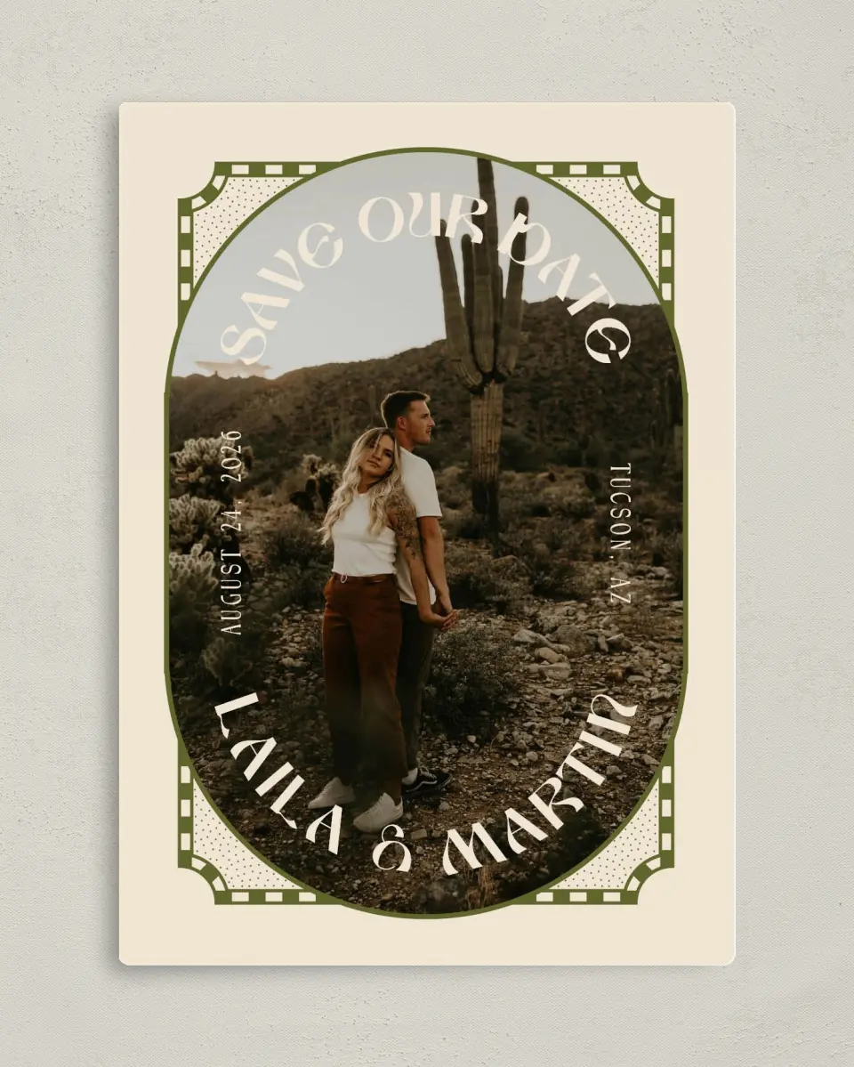 This is a 5" x 7" Save the Date Magnet called Desert Funk printed in full color with a Luxe Satin finish
