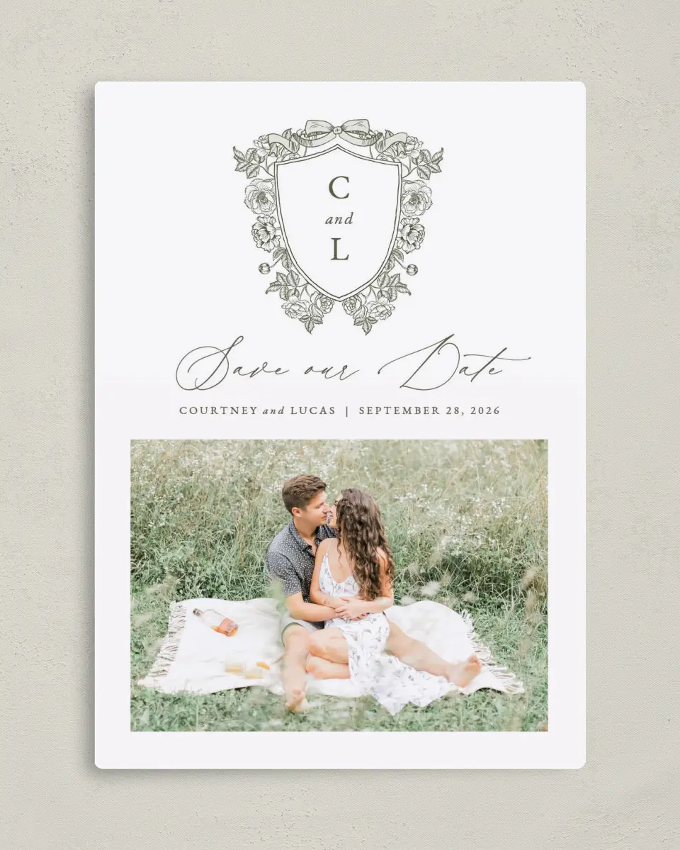 This is a 5" x 7" Save the Date Magnet called Elegant Crest printed in full color with a Luxe Satin finish
