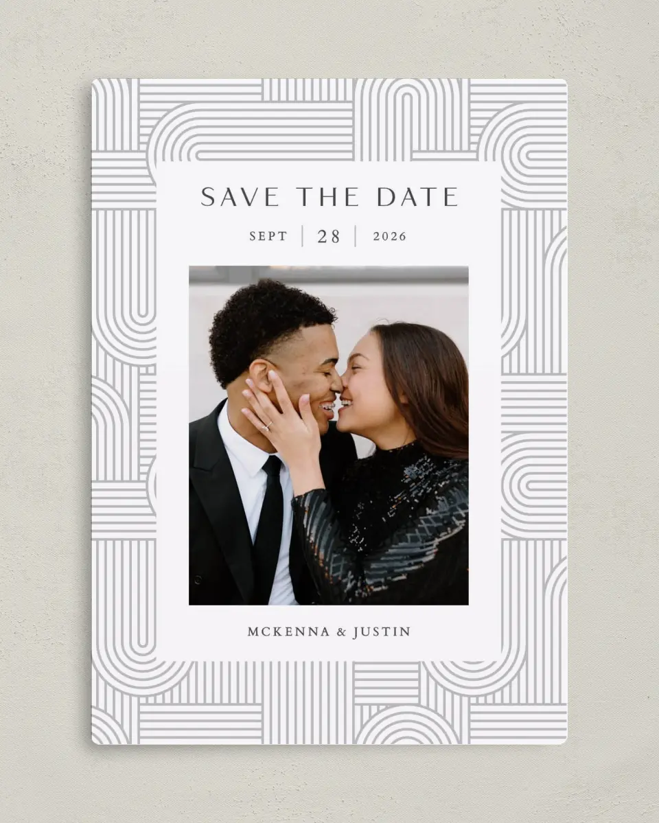 This is a 5" x 7" Save the Date Magnet called Geometric Elegance printed in full color with Silver foil and a Luxe Satin finish