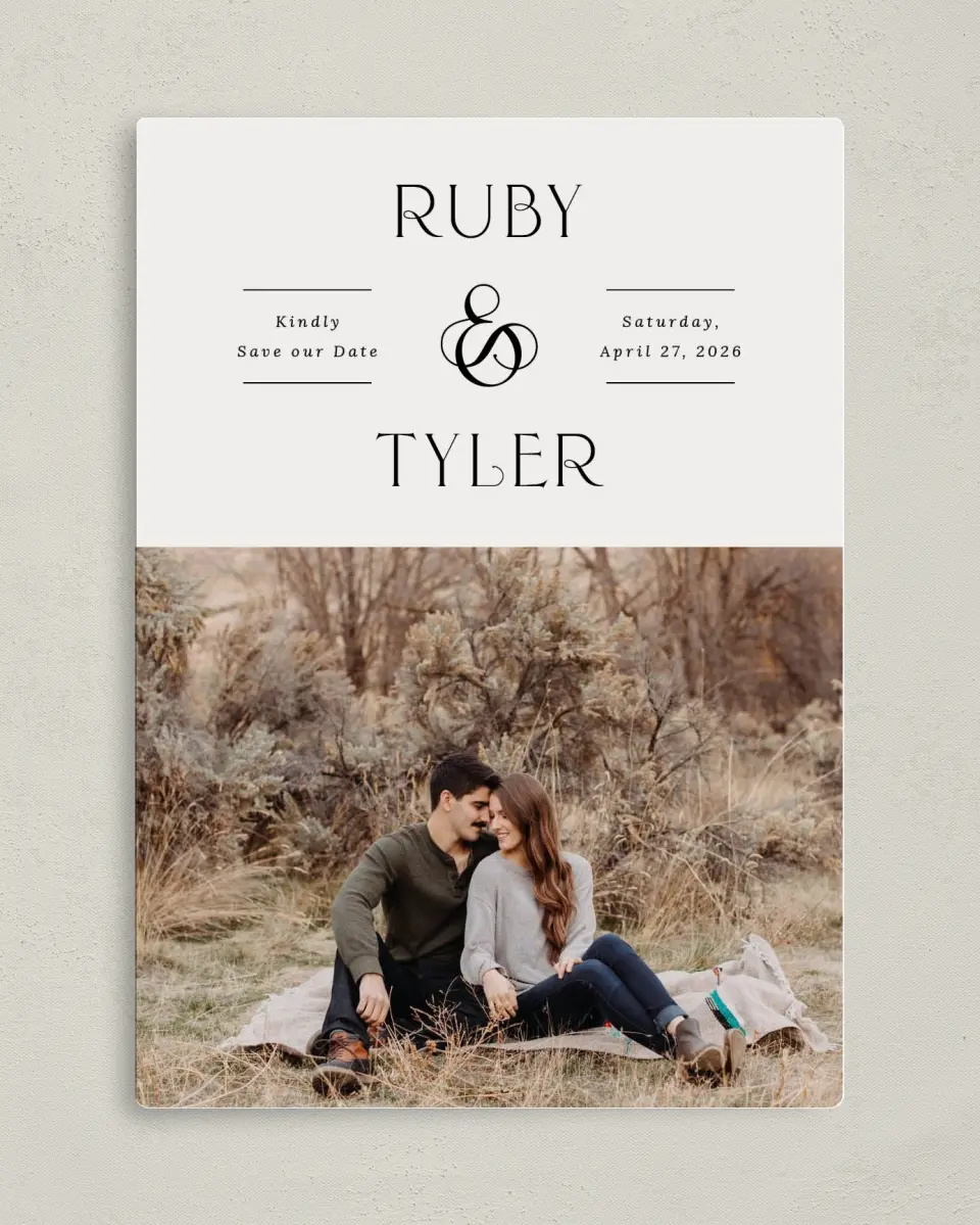 This is a 5" x 7" Save the Date Magnet called The Ruby printed in full color with a Luxe Satin finish
