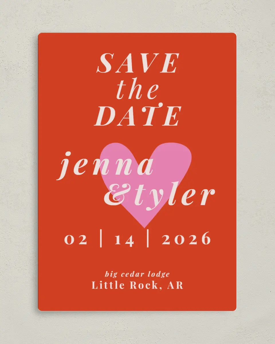 This is a 5" x 7" Save the Date Magnet called Heart Eyes for You printed in full color with a Luxe Satin finish