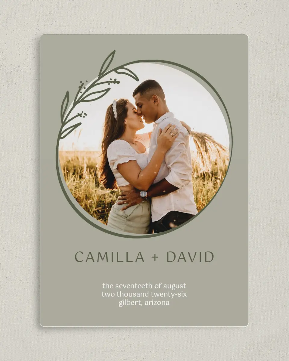 This is a 5" x 7" Save the Date Magnet called Growing to Blossom printed in full color with a Luxe Satin finish