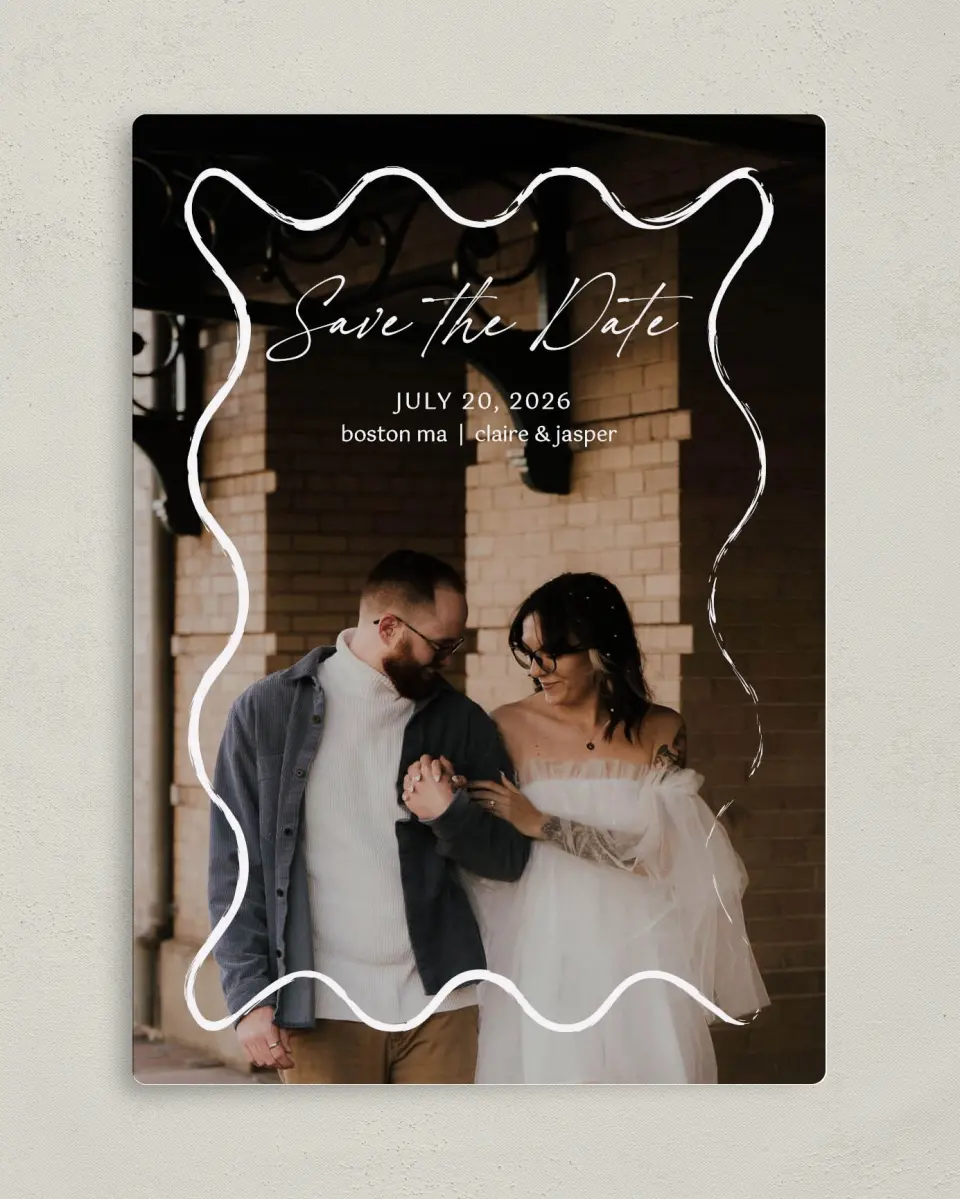 This is a 5" x 7" Save the Date Magnet called Romantic Sketch printed in full color with a Luxe Satin finish