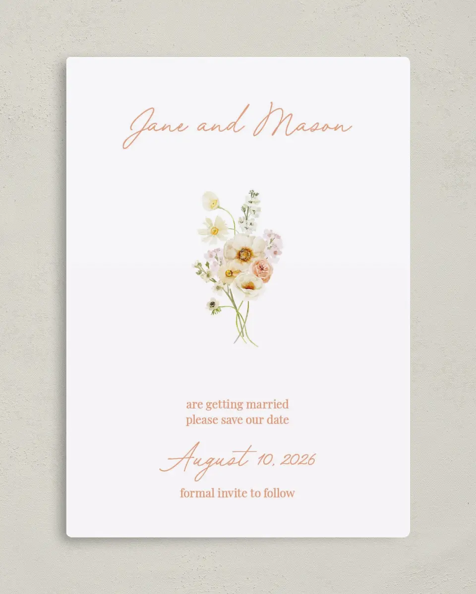 This is a 5" x 7" Save the Date Magnet called Warm Wildflowers printed in full color with a Luxe Satin finish