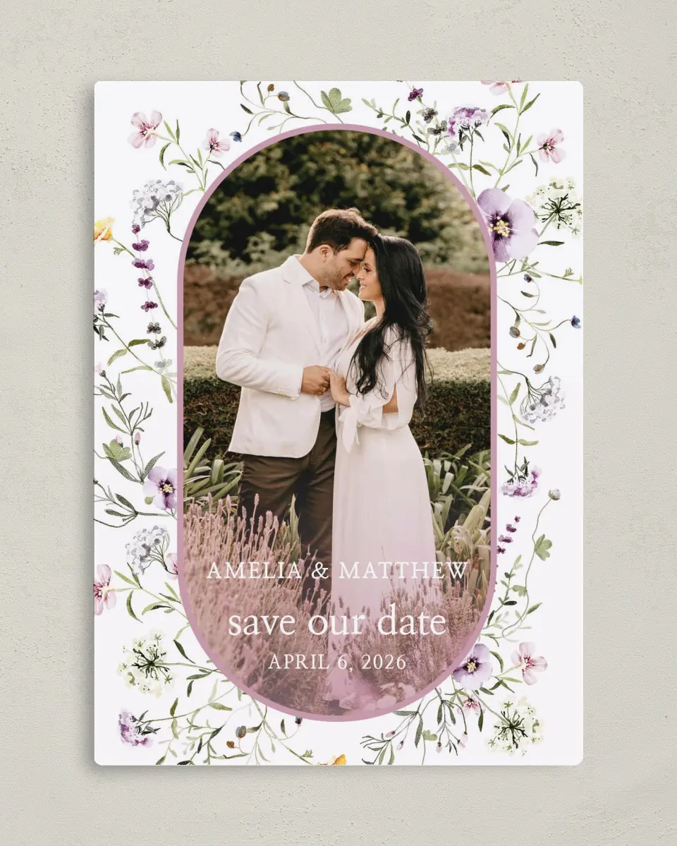 This is a 5" x 7" Save the Date Magnet called Whimsy Fairytale printed in full color with a Luxe Satin finish