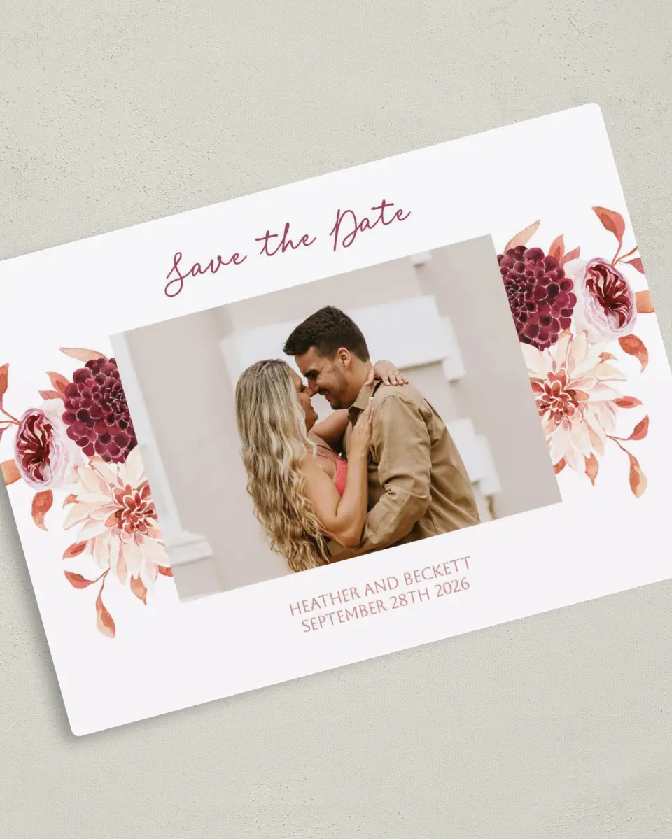This is a 5" x 7" Save the Date Magnet called Mauvelous printed in full color with a Luxe Satin finish