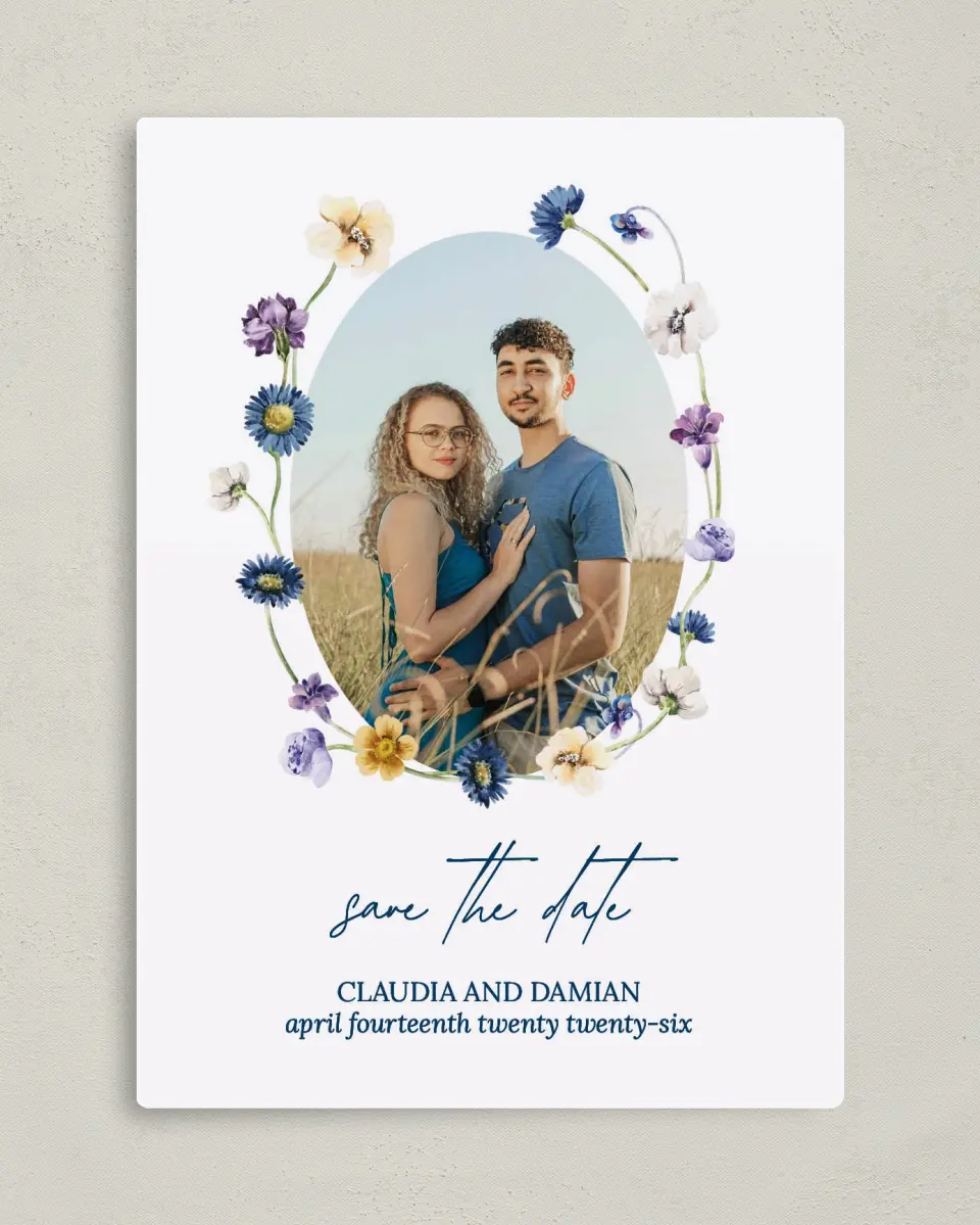 This is a 5" x 7" Save the Date Magnet called Wildest Dream printed in full color with Silver foil and a Luxe Satin finish