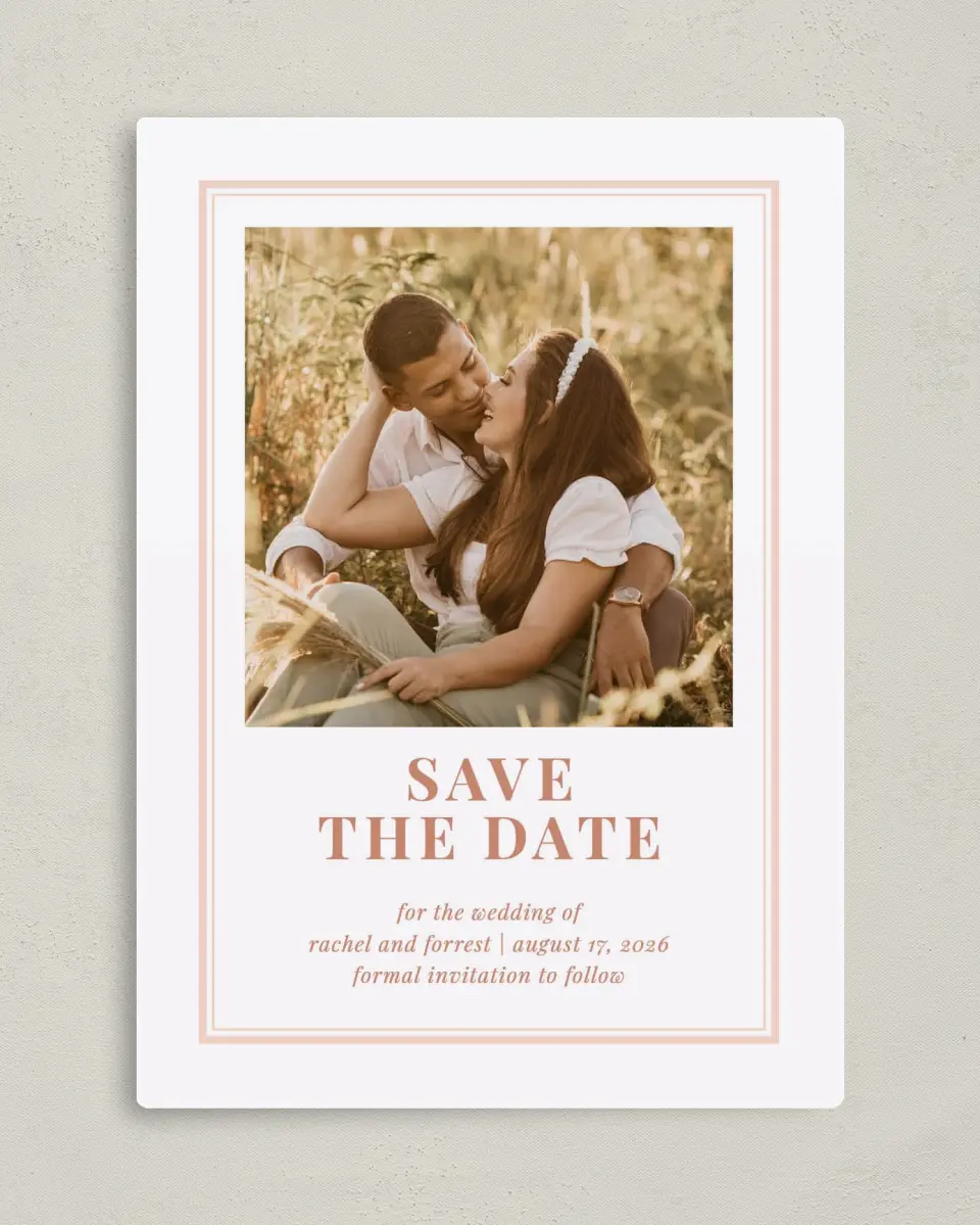This is a 5" x 7" Save the Date Magnet called Gorgeous Blush printed in full color with a Luxe Satin finish