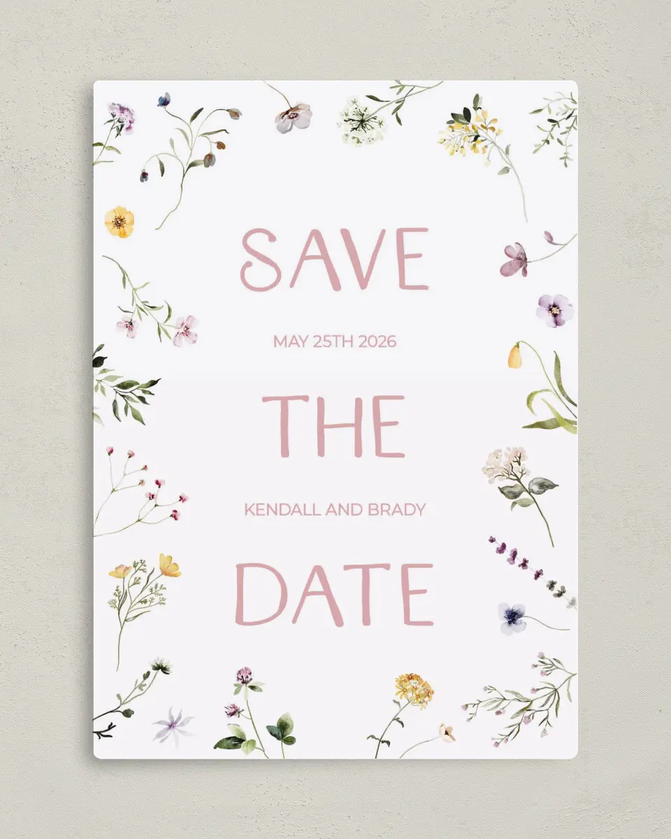 This is a 5" x 7" Save the Date Magnet called Efflorescence printed in full color with a Luxe Satin finish
