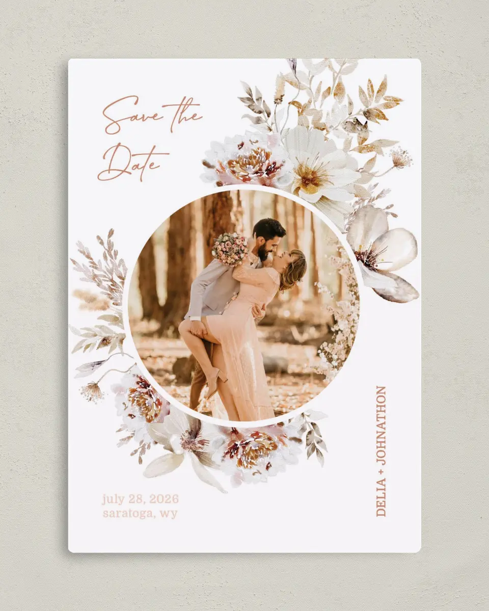 This is a 5" x 7" Save the Date Magnet called Petal Perfect printed in full color with a Luxe Satin finish