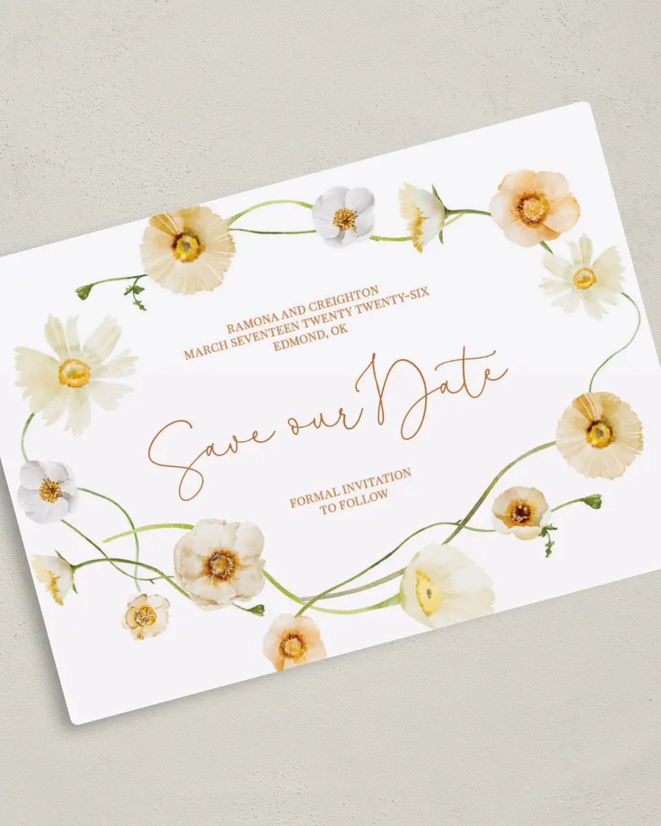 This is a 5" x 7" Save the Date Magnet called Sultry Sunshine printed in full color with a Luxe Satin finish