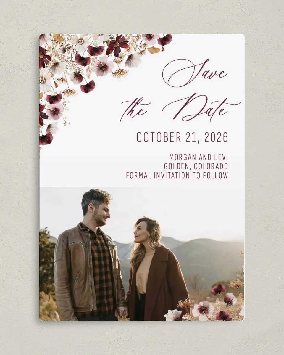This is a 5" x 7" Save the Date Magnet called Harvest Meadows printed in full color with a Luxe Satin finish