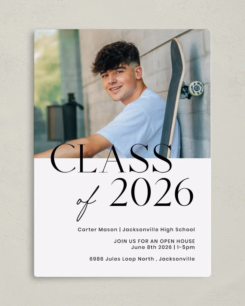 This is a 5" x 7" Graduation Announcement Magnet called Classy Cool Grad printed in full color with a Luxe Satin finish