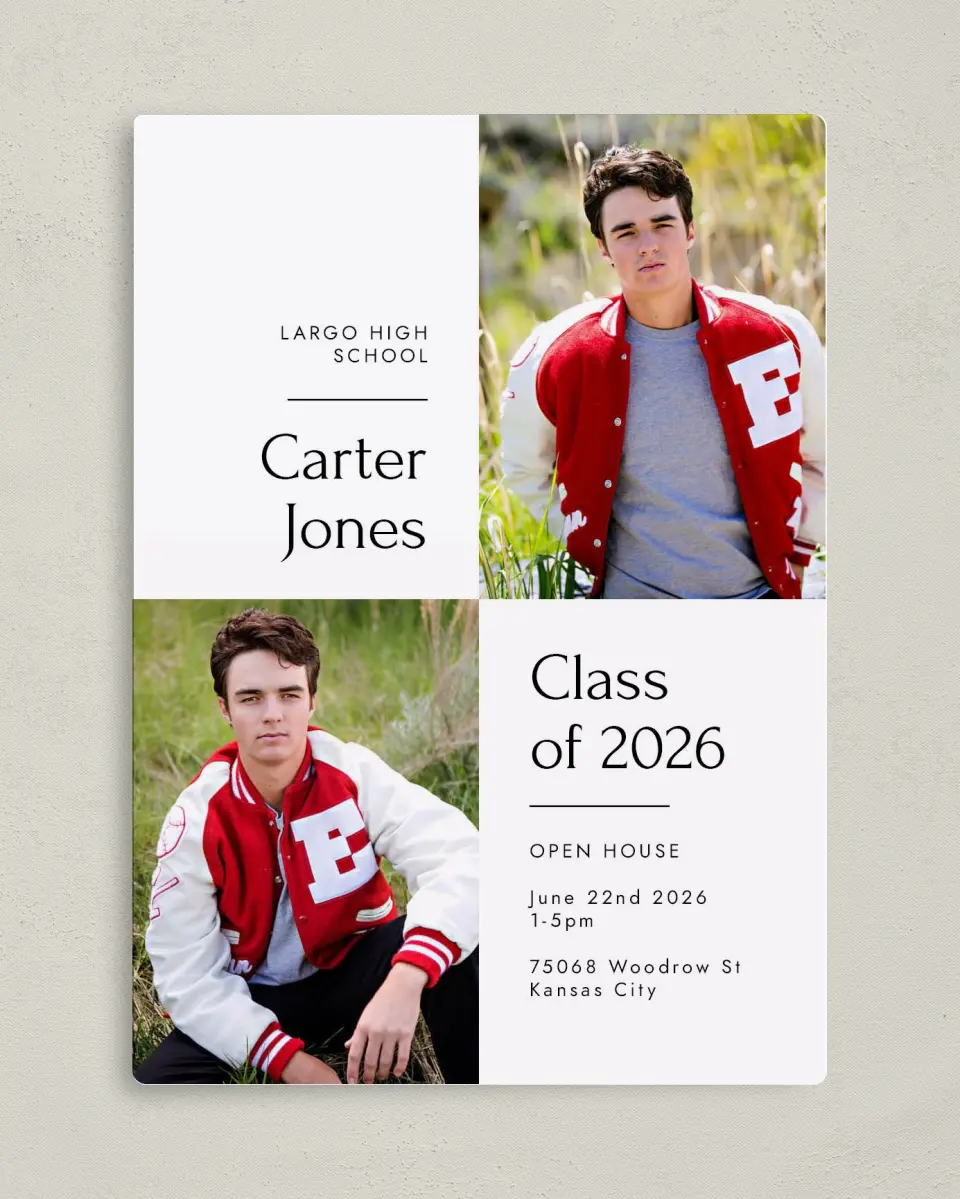 This is a 5" x 7" Graduation Announcement Magnet called Simple Grid Grad printed in full color with a Luxe Satin finish