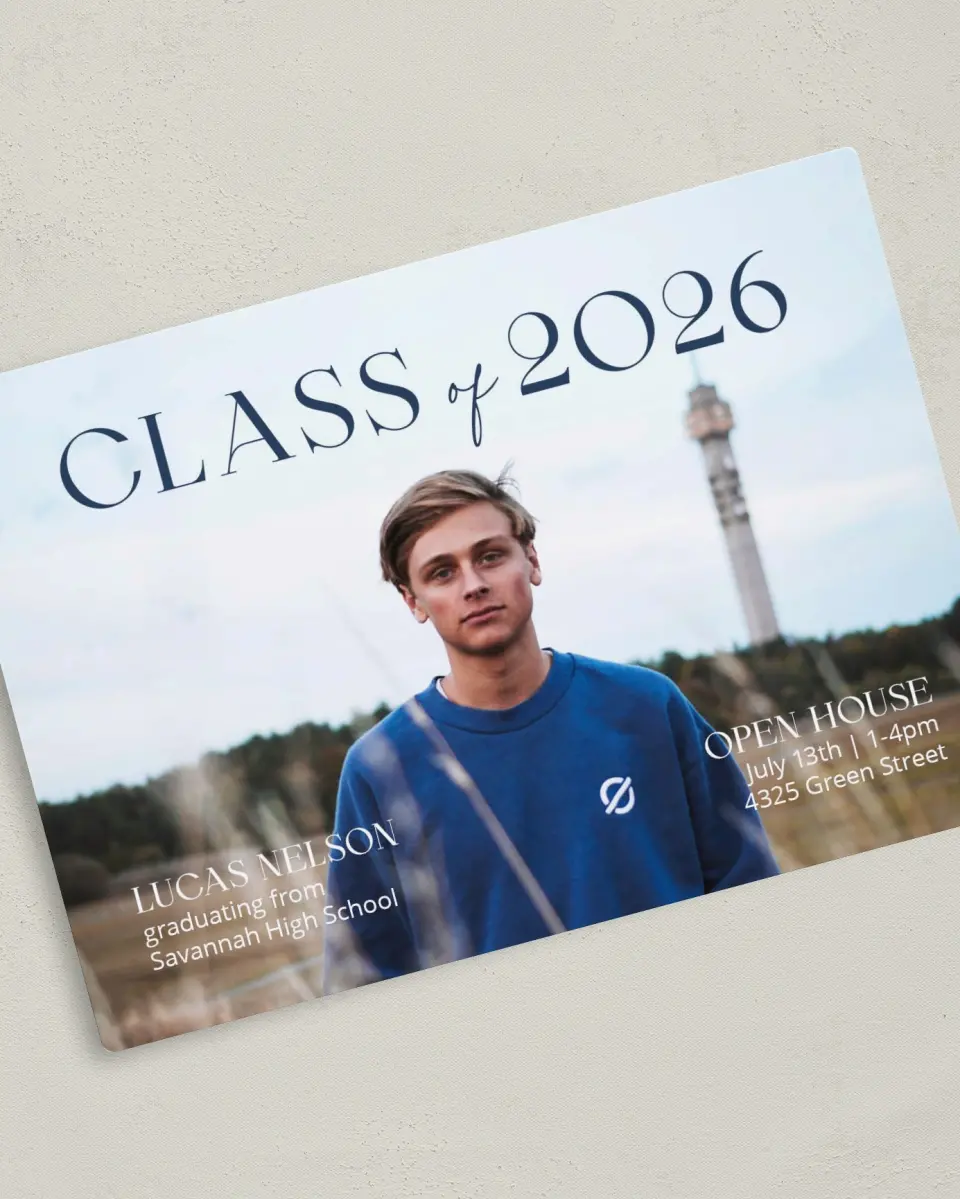 This is a 5" x 7" Graduation Announcement Magnet called Set Your Sights printed in full color with a Luxe Satin finish