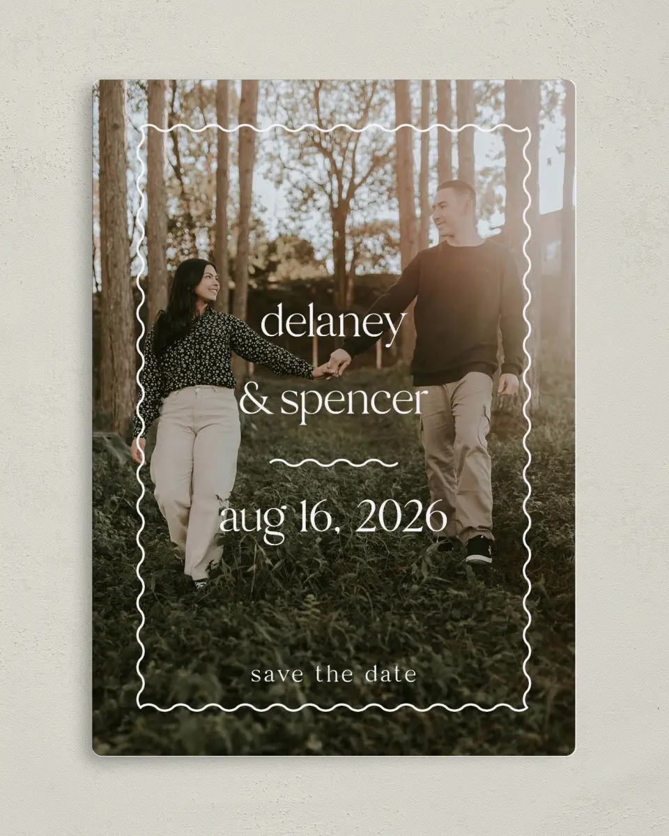This is a 5" x 7" Save the Date Magnet called The Delaney printed in full color with a Luxe Satin finish