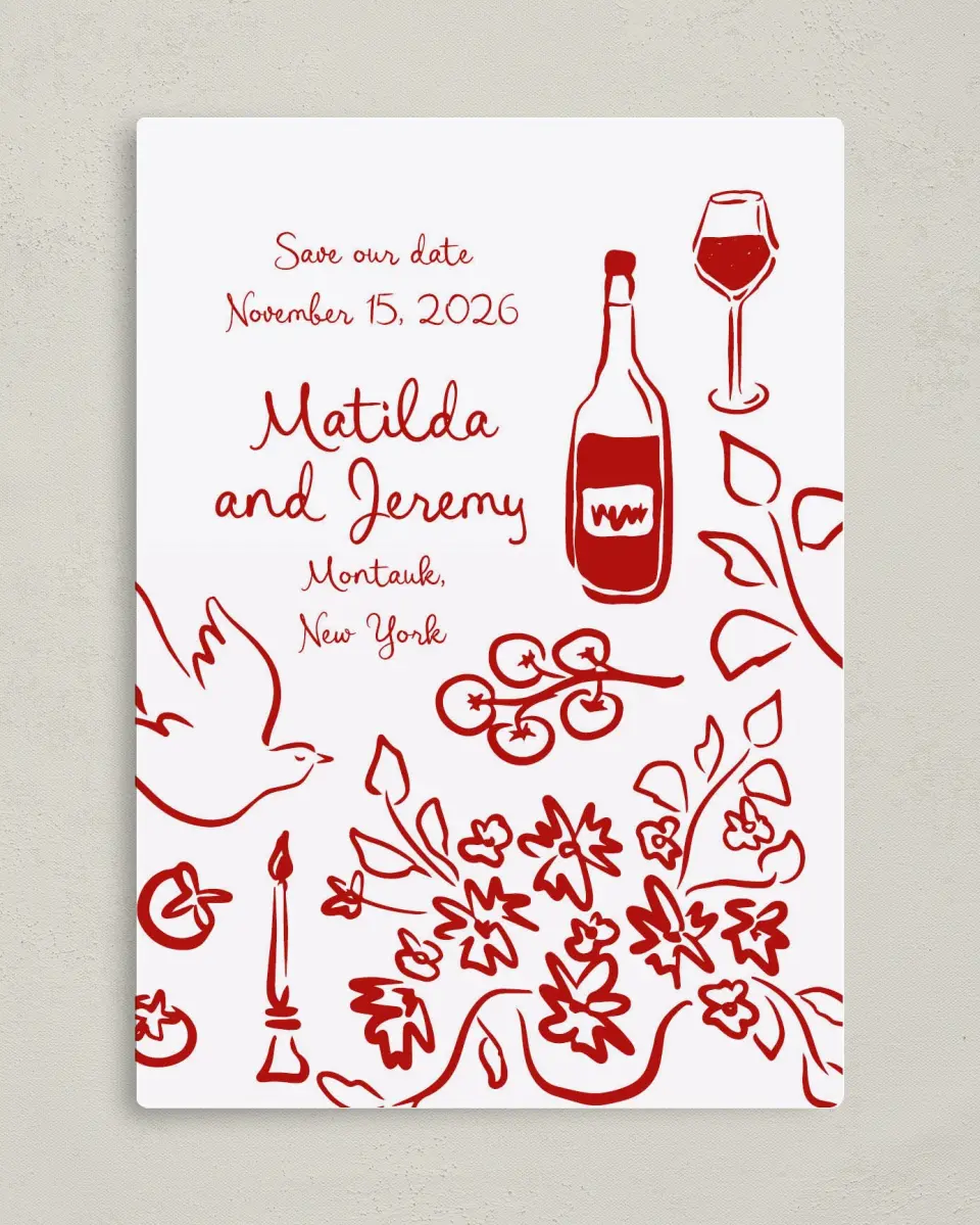 This is a 5" x 7" Save the Date Magnet called Love Birds printed in full color with a Luxe Satin finish